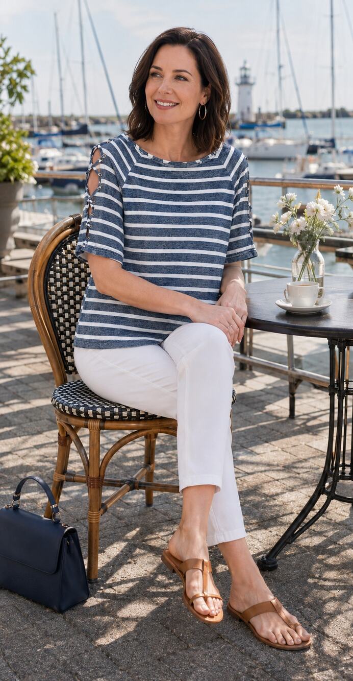Navy Ivory Striped Cold Shoulder Top Lace Up Nautical Medium